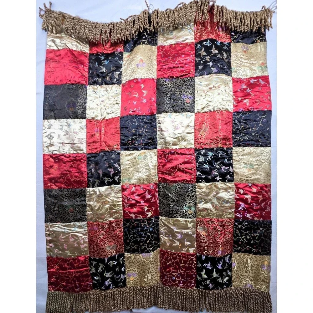 Vintage Asian Brocade Patchwork Throw Blanket Red Black Gold Fringe 50x60